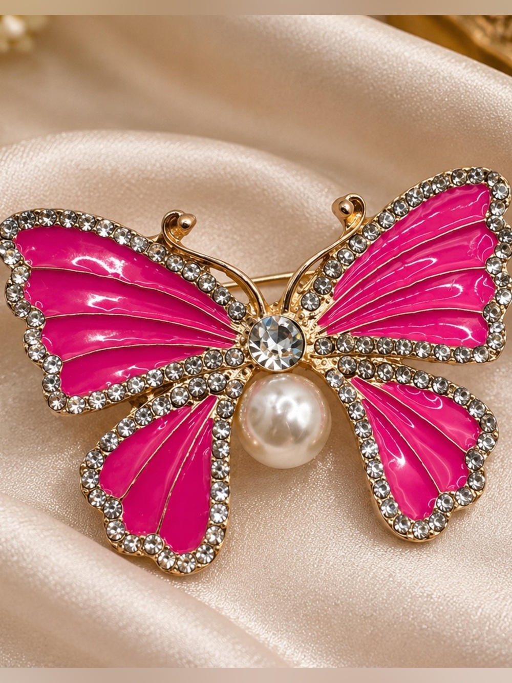 6/$25 Pink Enamel Butterfly Brooch with Pearl Accent. BN3po